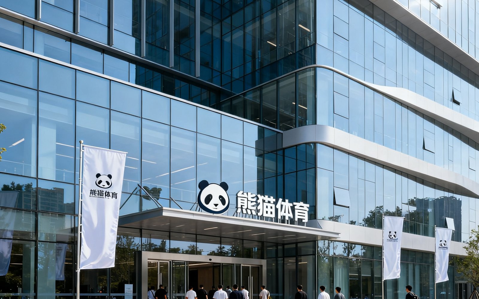 熊猫体育成都总部办公大楼外观，现代化玻璃幕墙建筑，楼前广场上树立着公司旗帜，员工在入口处有序进出