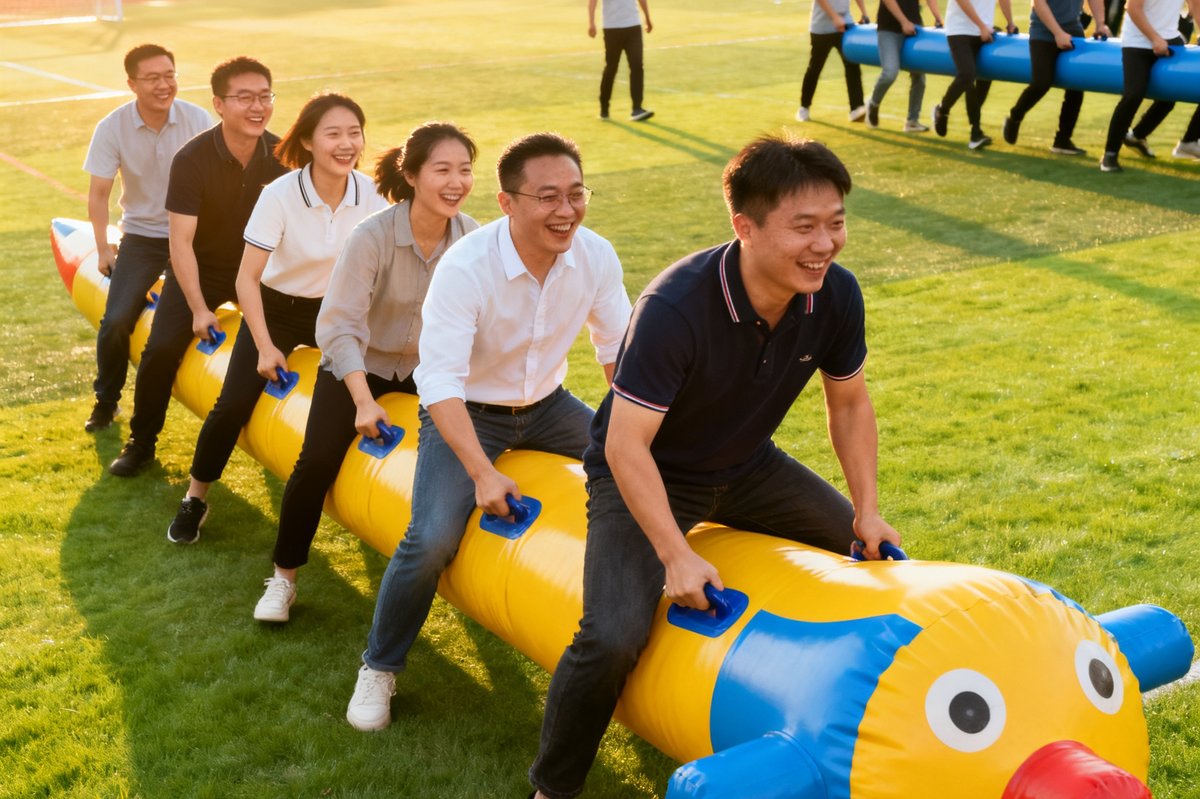 企业员工在草坪上参加趣味运动会，多人协作完成巨型充气道具挑战，欢声笑语的场景