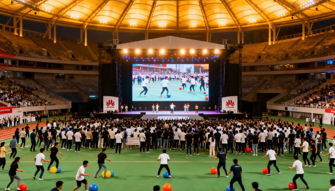华为公司2024年度员工趣味运动会现场，数千名员工在大型体育场内参与各项趣味竞技项目，舞台中央LED屏幕播放活动画面