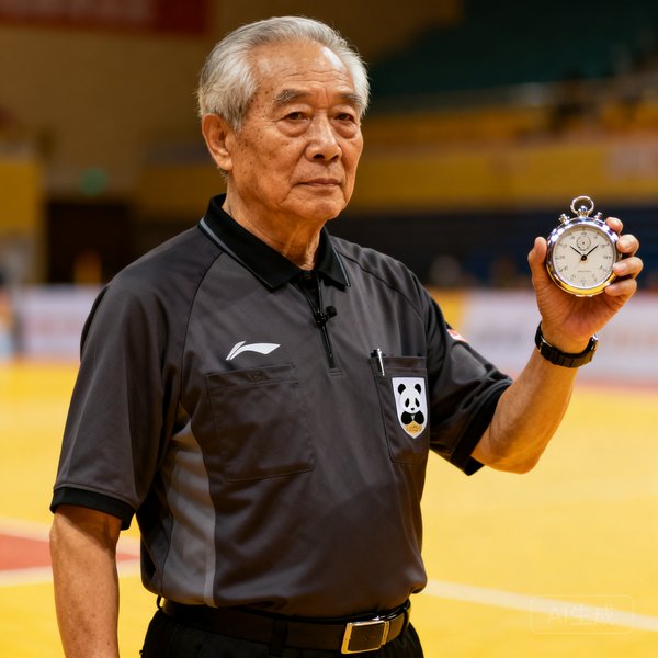 熊猫体育首席赛事顾问张正明，一位六十岁左右精神矍铄的退休体育裁判，穿着裁判制服手持计时器