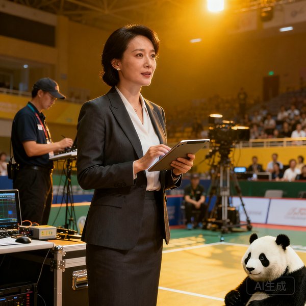 熊猫体育赛事策划总监李霞，一位三十多岁的干练女性，手持平板电脑在赛事现场指挥调度